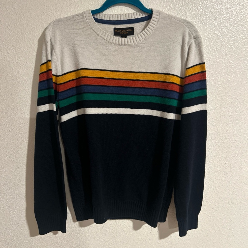 Black Mountain Knitwear Striped Navy & Rainbow Sweater  Mens Size Medium Y2K